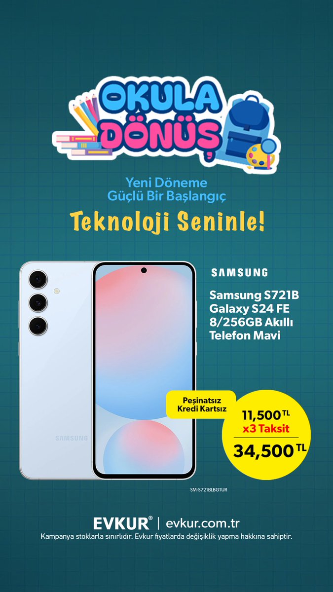 Okula dönüş başlasın! ✨
Notlarını, projelerini, fotoğraflarını ve daha fazlasını Samsung Galaxy S24 FE (8/256GB) ile her an yanında taşı. Detaylar için tıklayın.👇#evkur #GalaxyS24FE

evkur.com.tr/samsung-s721b-…