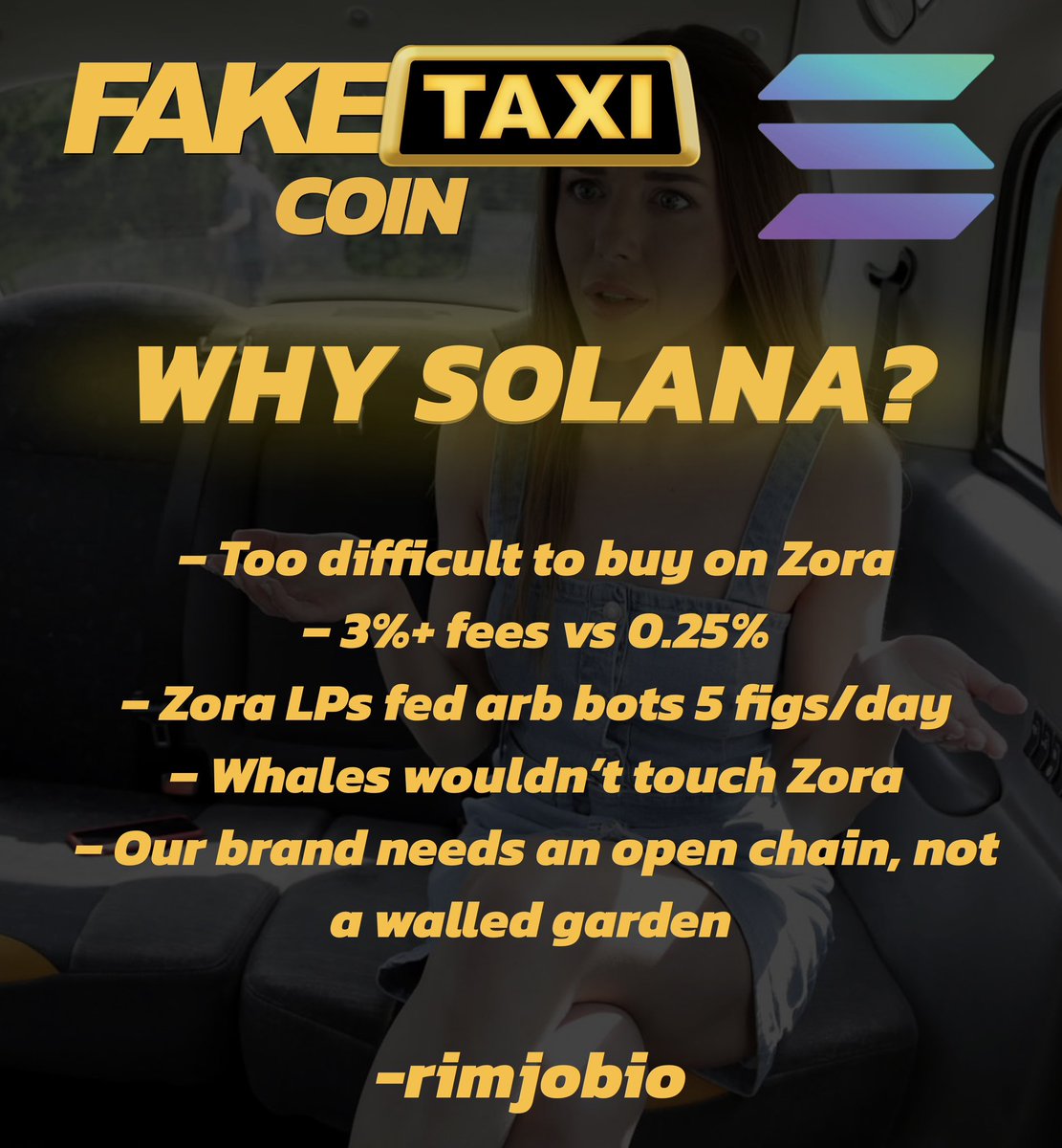 faketaxicreator's tweet image. The reasons for our move to Solana from Zora 📝🚕