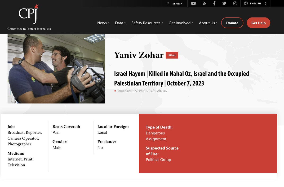 Journalist Yaniv Zohar was murdered in his home in Kibbutz Nahal in the October 7 Massacre. 

His wife and daughters were also slaughtered. 

But according to <a href="/pressfreedom/">Committee to Protect Journalists</a>, he was killed on "dangerous assignment" and his killers were a "political group". 🤮