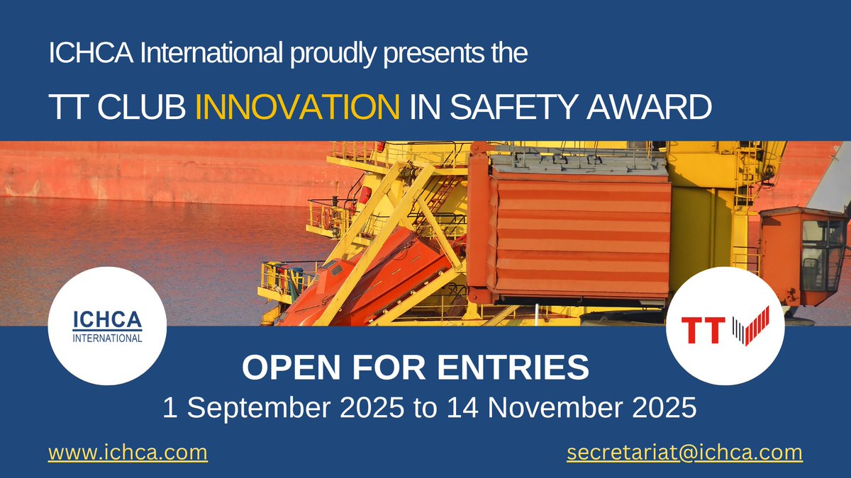 ICHCA2's tweet image. It’s here!

The @TT_Club  Innovation in Safety Award 2025 is NOW OPEN for entries.

Is your organisation leading the way in safety innovation? Submit now!

Entries close 15 November 2025.

 ichca.com/entering-the-t…

#ICHCAAwards #TTClubAward #InnovationInSafety #SupplyChain