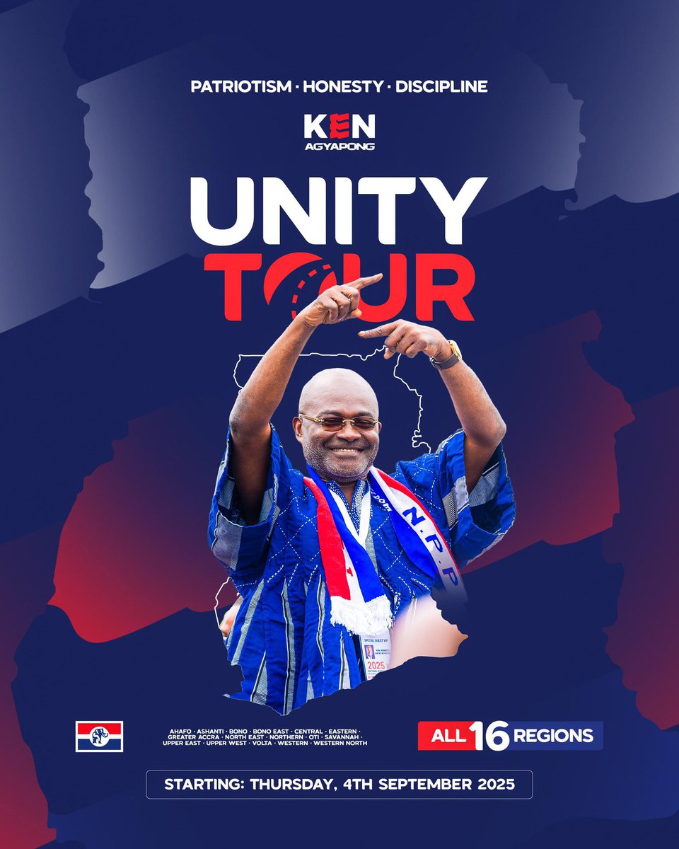 The Akompreko begins his Unity Tour across all 16 regions and all 276 constituencies this Thursday, September 4th. The change we want❤️

#KEN2028
#UnityTour
#VoteKen
#GetKENnected