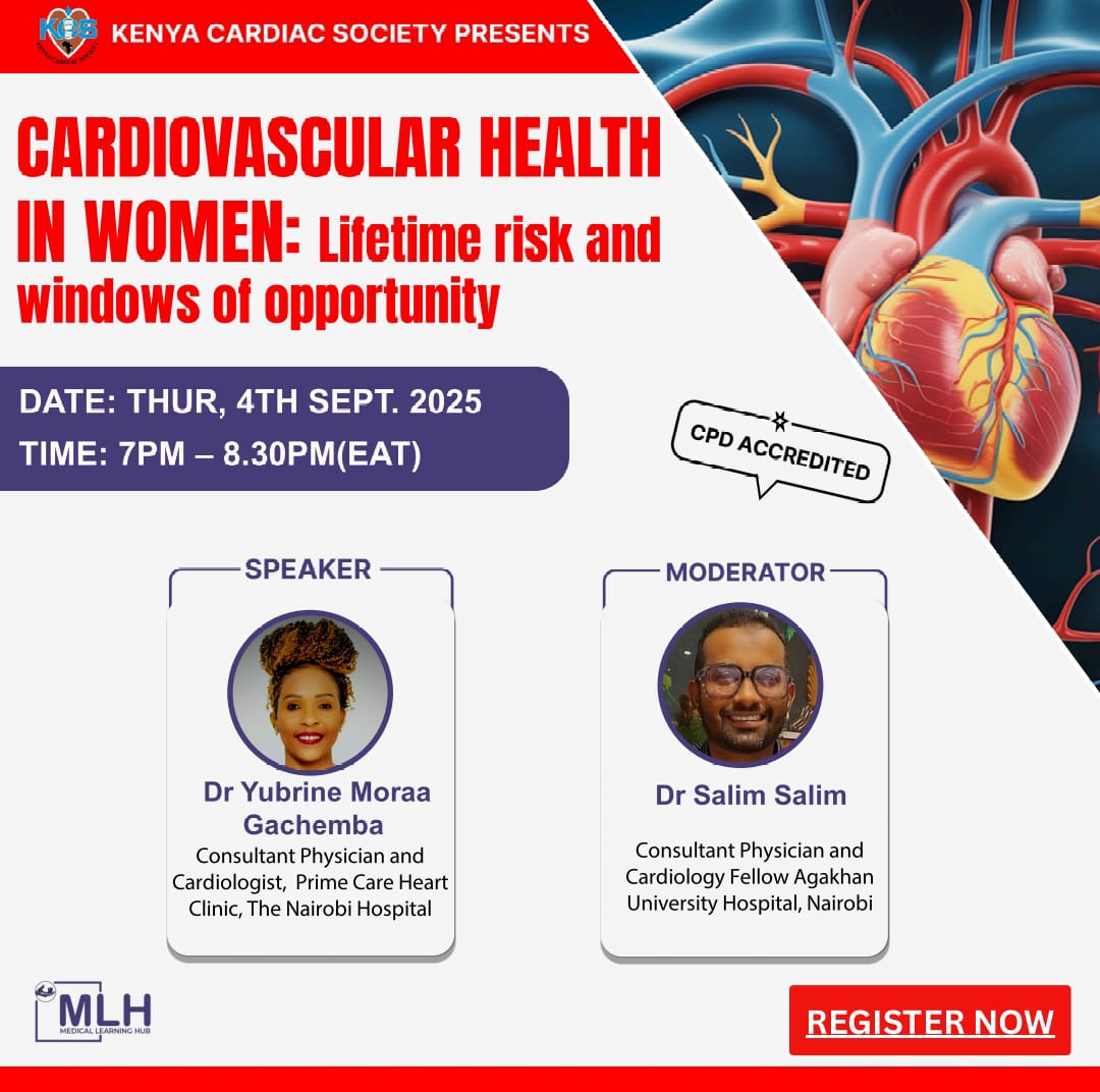kenyacardiacs's tweet image. 🫀✨ Join the Kenya Cardiac Society for a CPD-accredited session on Cardiovascular Health in Women!

🗓️4 Sept 2025 | 🕖 7:00 PM–8:30 PM (EAT)
🎙️ Speaker: Dr. Yubrine Moraa Gachemba
🎤 Moderator: Dr. Salim Salim
📌 Register: lnkd.in/eSbn5f66
#KCS #CPDAccredited