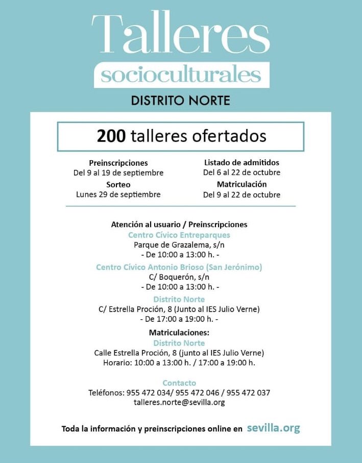 📣 ¡Ya puedes consultar la oferta de Talleres socioculturales 2025-2026!

Del 9 al 19 de septiembre, puedes solicitar el acceso a talleres de baile 💃, teatro 🎭, idiomas 🗣️, cocina 🍳, costura 🧵, deporte 🏋️‍♂️, pintura 🎨, ¡y mucho más!

Más información 🌐 sevilla.org/servicios/part…