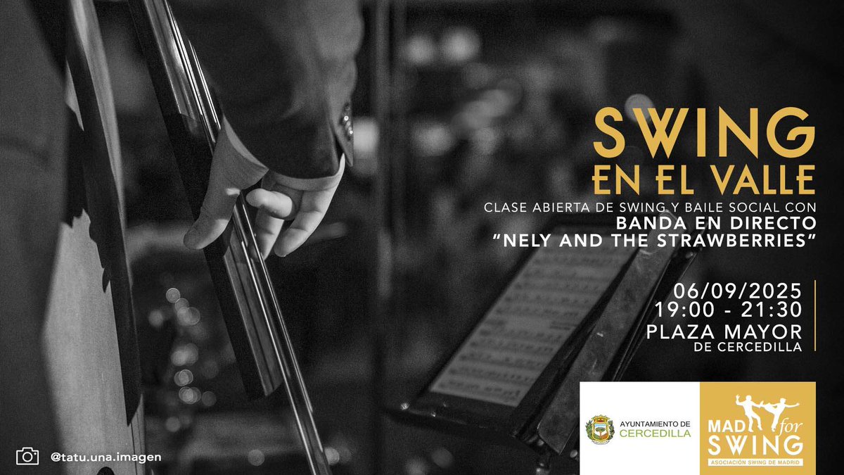 SWING EN EL VALLE
Sábado 06/09/25 19:00-21:30. Gratis
Clase abierta con Javier Alvarez
Baile social con música en vivo con la banda "Nely and  the Strawberries".
Plaza Mayor. Cercedilla
¡Te esperamos¡
madforswing.es/evento/swing-e…
#MadforSwing