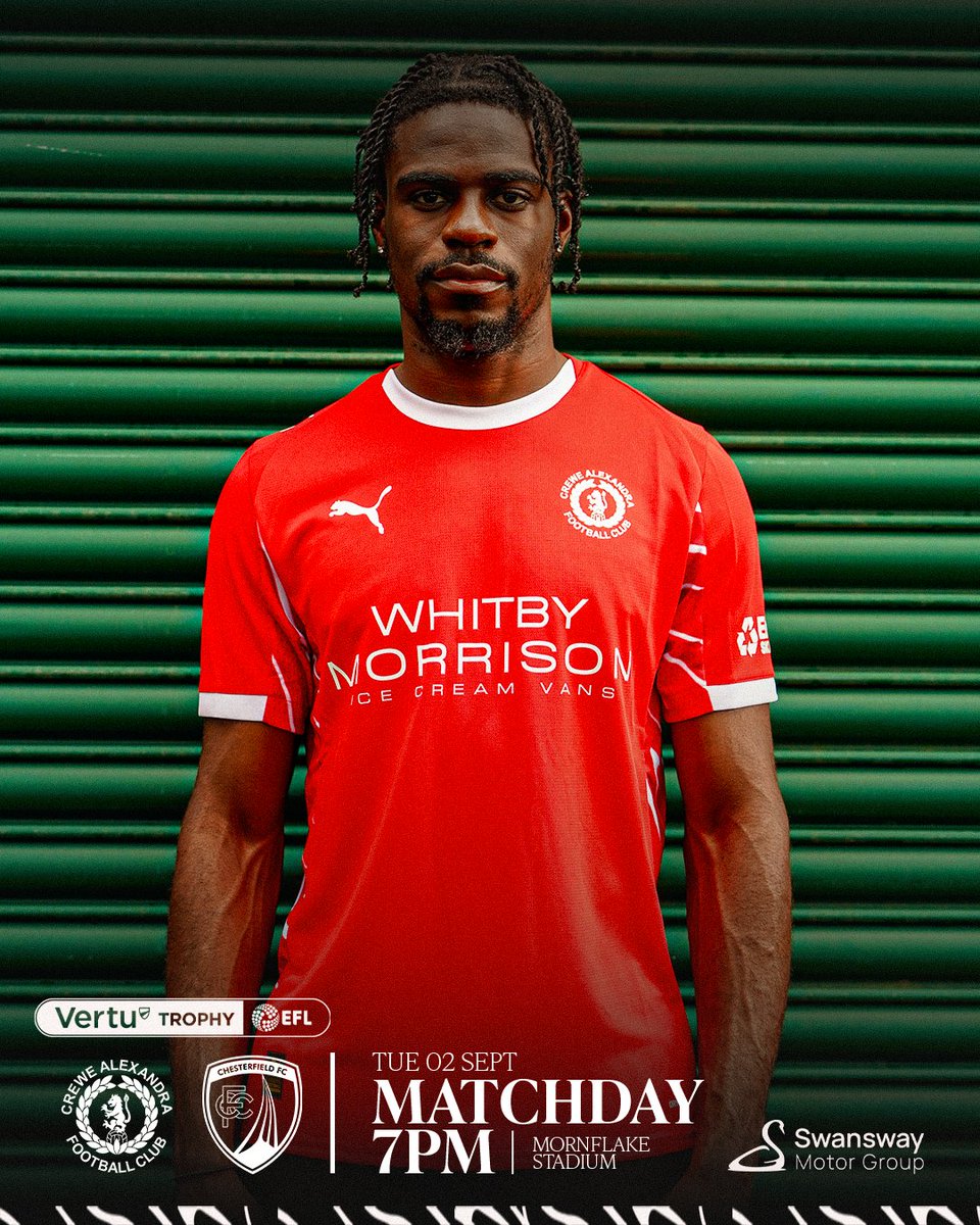 Crewe Alexandra (@crewealexfc) on Twitter photo Time for the <a href="/VertuTrophy/">Vertu Trophy</a> 🏆
🆚 Chesterfield
🏟️ Mornflake Stadium
⏱️ 7pm
🎫 tinyurl.com/yj7metfs
#CreweAlex Time for the <a href="/VertuTrophy/">Vertu Trophy</a> 🏆
🆚 Chesterfield
🏟️ Mornflake Stadium
⏱️ 7pm
🎫 tinyurl.com/yj7metfs
#CreweAlex