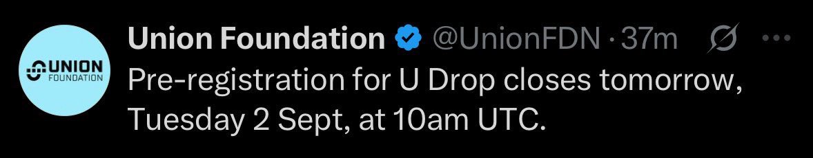 Union Pre-registration for $U drop closes today by 11am.  

If you haven’t verify and mint your authena NFT, you still have an hour plus for that

Do you think <a href="/union_build/">Union</a> can pull off $5B FDV?

Union is coming🔥🔥