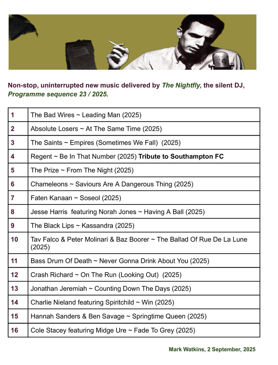 Sixteen for September! mixcloud.com/Nightfly2ac/th… <a href="/firerecordings/">Fire Records</a> <a href="/allaboutpromo/">All About Promotions</a> <a href="/garylevermore/">garylevermore</a> <a href="/Dannydeathdisco/">danny watson is now on bluesky..</a>  <a href="/ShamelessPR_/">Shameless Promotion PR</a>  <a href="/planetarygroup/">Planetary Group</a>  <a href="/TheSongbird_HQ/">THE SONGBIRD HQ</a>  #newmusic  ( <a href="/SouthamptonFC/">Southampton FC</a> new tribute record!)