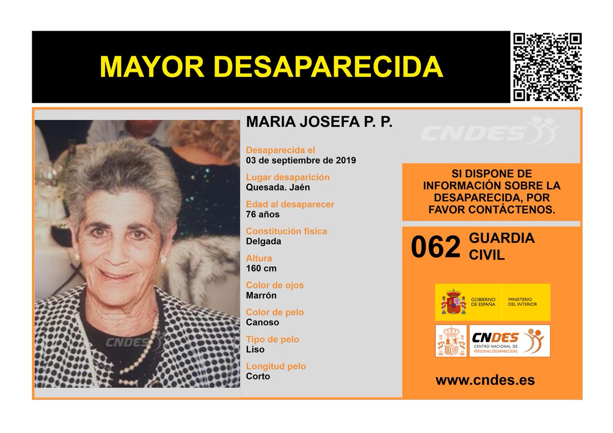 6 AÑOS SIN RASTRO DE MARÍA JOSEFA P. P.

María Josefa, 76 años, está #desaparecida desde el día 3 de septiembre de 2019 en #Quesada #Jaén 

Hoy más cerca que nunca de toda su familia
#NoLaOlvidamos
#TodoYTodosPorEncontrarla