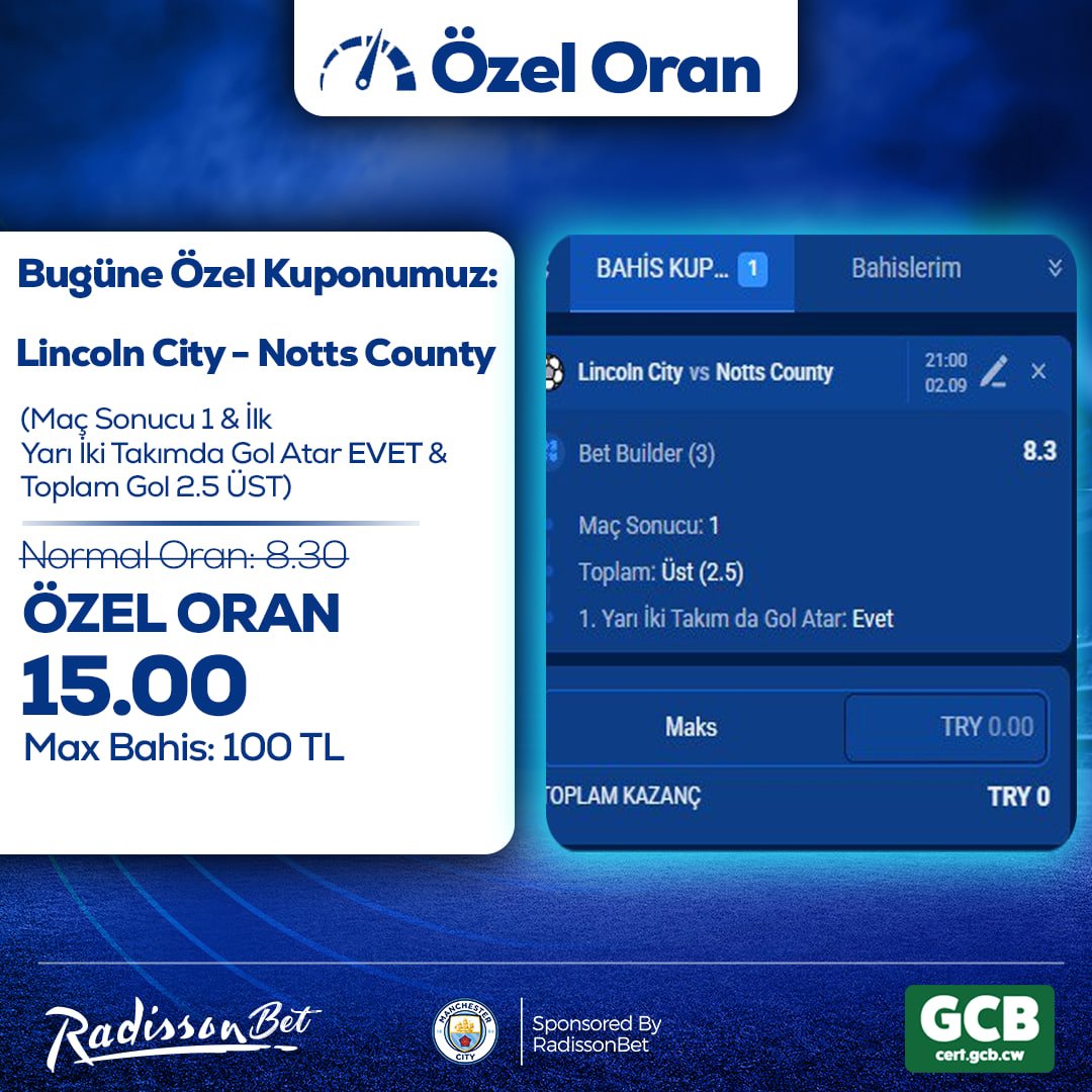 📢 Radisson Paylaşıyor – ÖZEL ORAN

💵 Max Bahis: 100 TL
💵 Maks. Kazanç: 1.500 TL
Katılım ÜCRETSİZ!

⚔️Lincoln City - Notts County
🎲MS 1
🎲İlk Yarı İki Takımda Gol Atar EVET
🎲Toplam Gol 2.5 ÜST

🔥Normal Oran: 8.30
🔥Özel Oran: 15.00

➡️radgit.com/sosyall