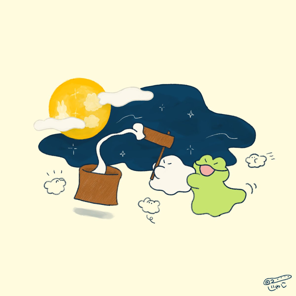 みんなでお月見団子を製作中🎑✨️

#おばけろとおばけけ #ゆるいイラスト