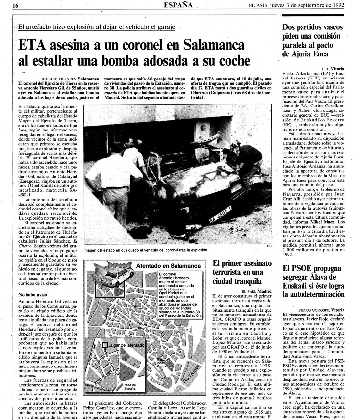 ✝️El 02-09-1992, la banda #ETA asesinó al coronel de caballeria del <a href="/EjercitoTierra/">Ejército de Tierra 🇪🇸</a> ANTONIO HEREDERO GIL en #Salamanca, los terroristas adosaron una bomba-lapa a los bajos de su vehiculo que hizo explosion al activarse cuando salia por la rampa de su garaje.

Recuerdo y memoria🕯
