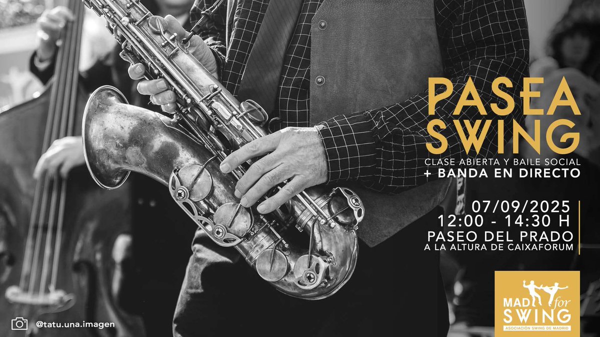 PASEA SWING  
Domingo 07/09/25 14:00-14:30 Gratis  
Clase abierta y baile social   
Música en vivo con la banda Ben Jammin's Band Descansos con DJ LudiSwing  
Paseo del Prado, a la altura de Caixaforum 
¡Te esperamos¡
madforswing.es/evento/pasea-s…… #MadforSwing