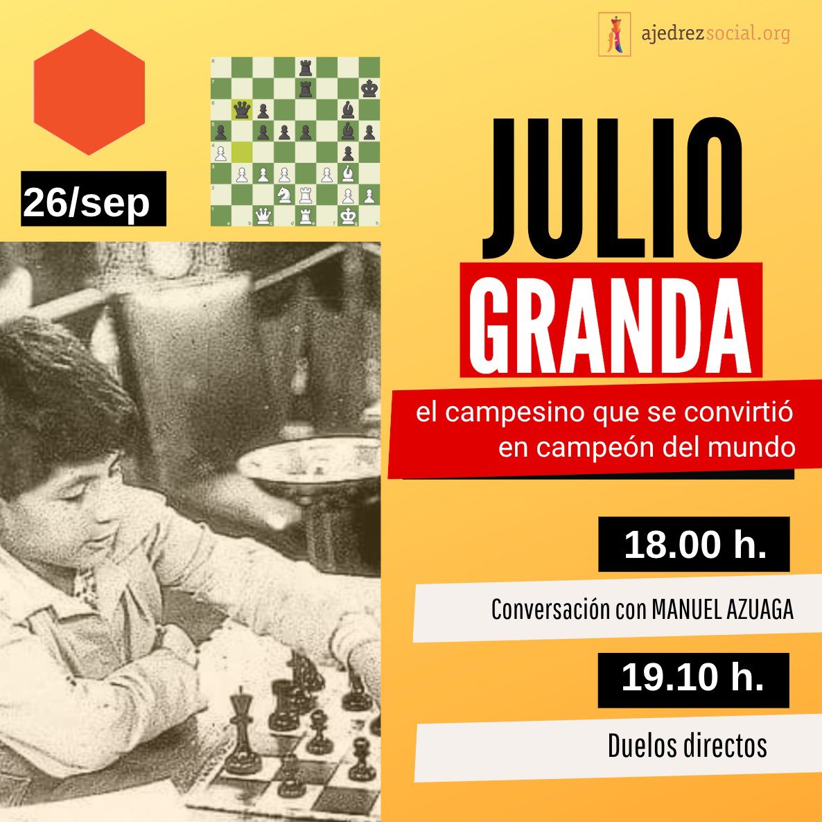 ♟️No es por nada, pero la cita que hemos montado para el 26/9 en <a href="/latermicamalaga/">La Térmica</a> con <a href="/GMJulioGranda/">Julio Granda</a> va a ser inigualable.

Atrévete a jugar contra la leyenda de Arequipa 🇵🇪 ✍🏻 
ajedrezsocial.org/granda_/

Gracias a <a href="/El_Divis/">David Martínez</a> por la intendencia.