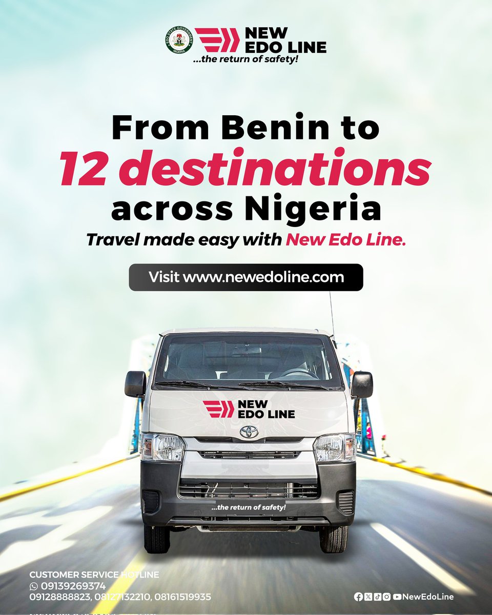 Travel to 12 Destinations Across Nigeria with Ease! 🚀 

For Bookings and Reservations, Call: 09128888823, 08127132210, 08161519935. WhatsApp: 09139269374.

New Edo Line - The Return of Safety 👍🏽

#NewEdoLine