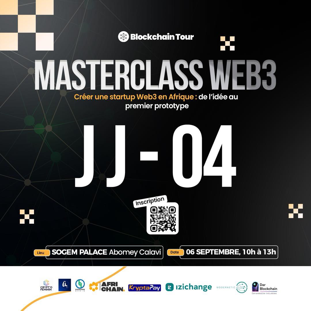 ⏳🔥 JJ -4 avant la  𝐌𝐚𝐬𝐭𝐞𝐫𝐜𝐥𝐚𝐬𝐬

Ne reste pas spectateur, viens vivre l’expérience avec nous. 

👉 Réserve vite ta place ici : kloo.me/BT-Masterclass

#masterclass #cryptoafrique #BlockchainTour #entrepreneuriat #innovation