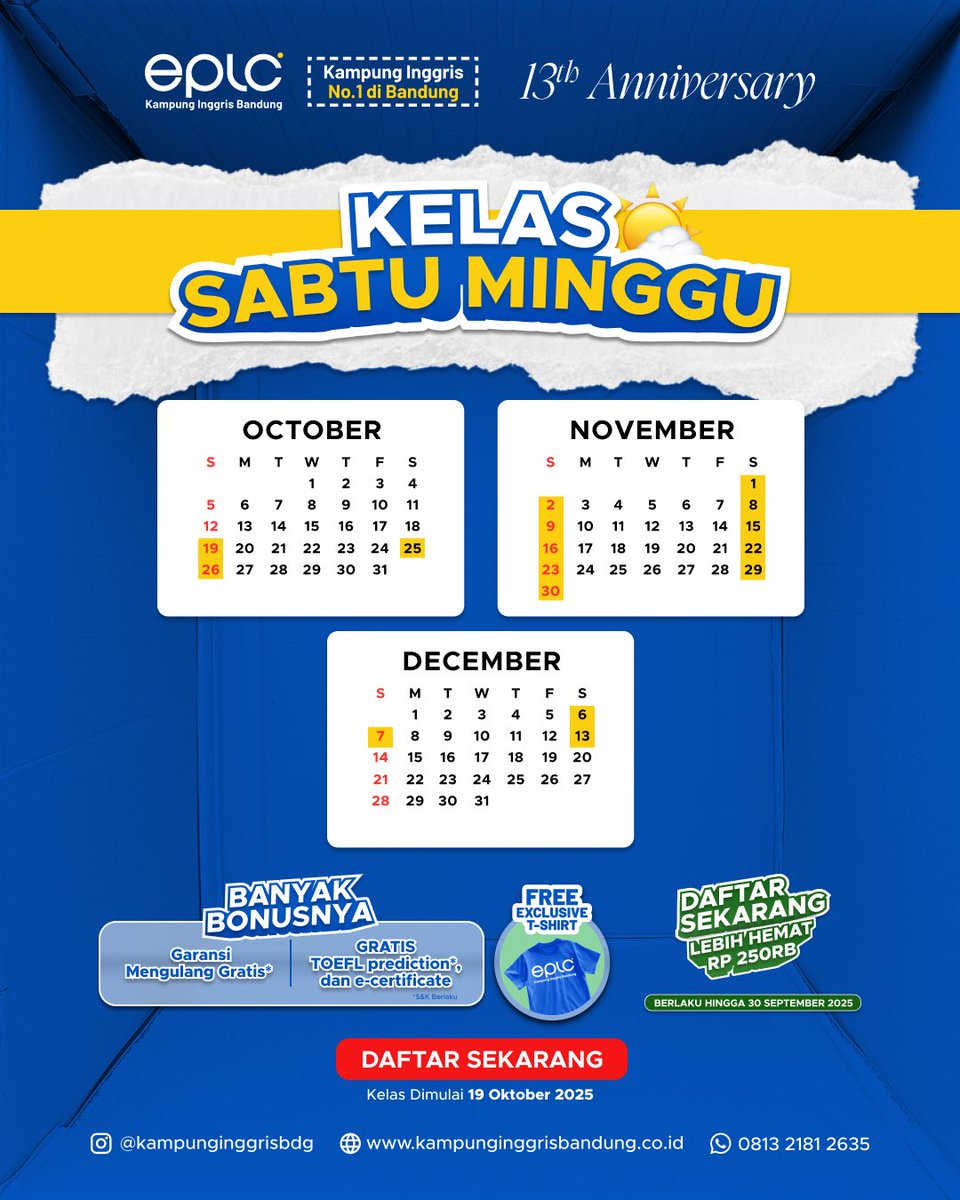 inggrisbdg's tweet photo. 🎁 Bonus spesial: Garansi mengulang gratis, GRATIS TOEFL Prediction &amp; e-Certificate, plus Exclusive T-Shirt!

🔥 Daftar sebelum 30 September 2025, hemat Rp 250.000! https://t.co/JPqZfnYYHv