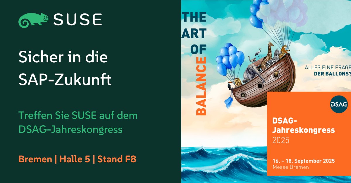 🎯Sie wollen Ihre SAP-Landschaft effizienter gestalten? Dann kommen Sie vom 16.-18.9.2025 zum #DSAGJK25 nach Bremen! Sie finden <a href="/SUSE/">SUSE</a> in Halle 5 an Stand F8. 👉 Alle Infos: dsag.de/jahreskongress
#SUSE #Automation #Monitoring #SAPS4HANA #EdgeIntegrationCell #Kubernetes #Linux