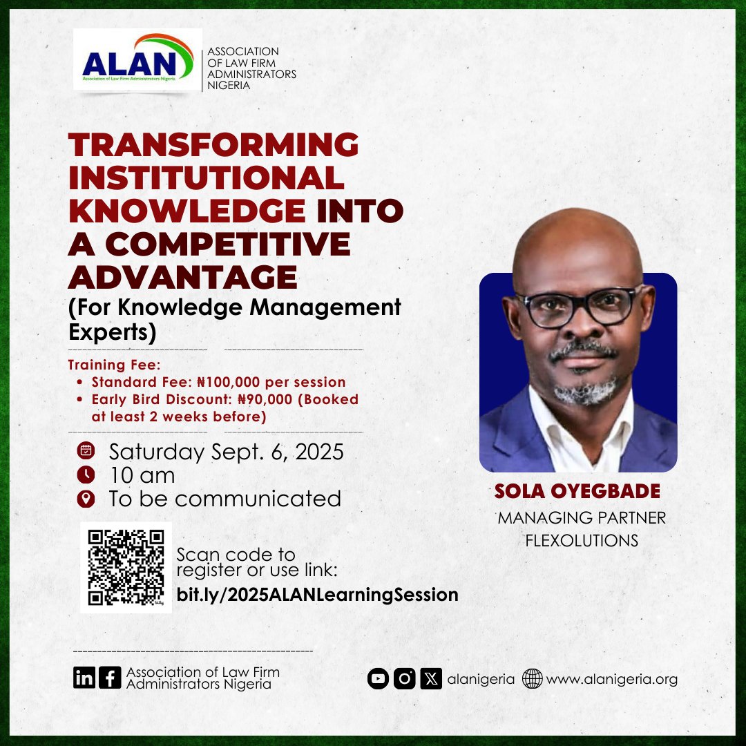 4️⃣ days to go! 

Get ready to transform your institutional knowledge into a competitive advantage with Sola Oyegbade.

Don't miss out on this invaluable session for Knowledge Management Experts. The countdown is on!

Register now: bit.ly/2025ALANLearni…
#ALAN #LearningSession