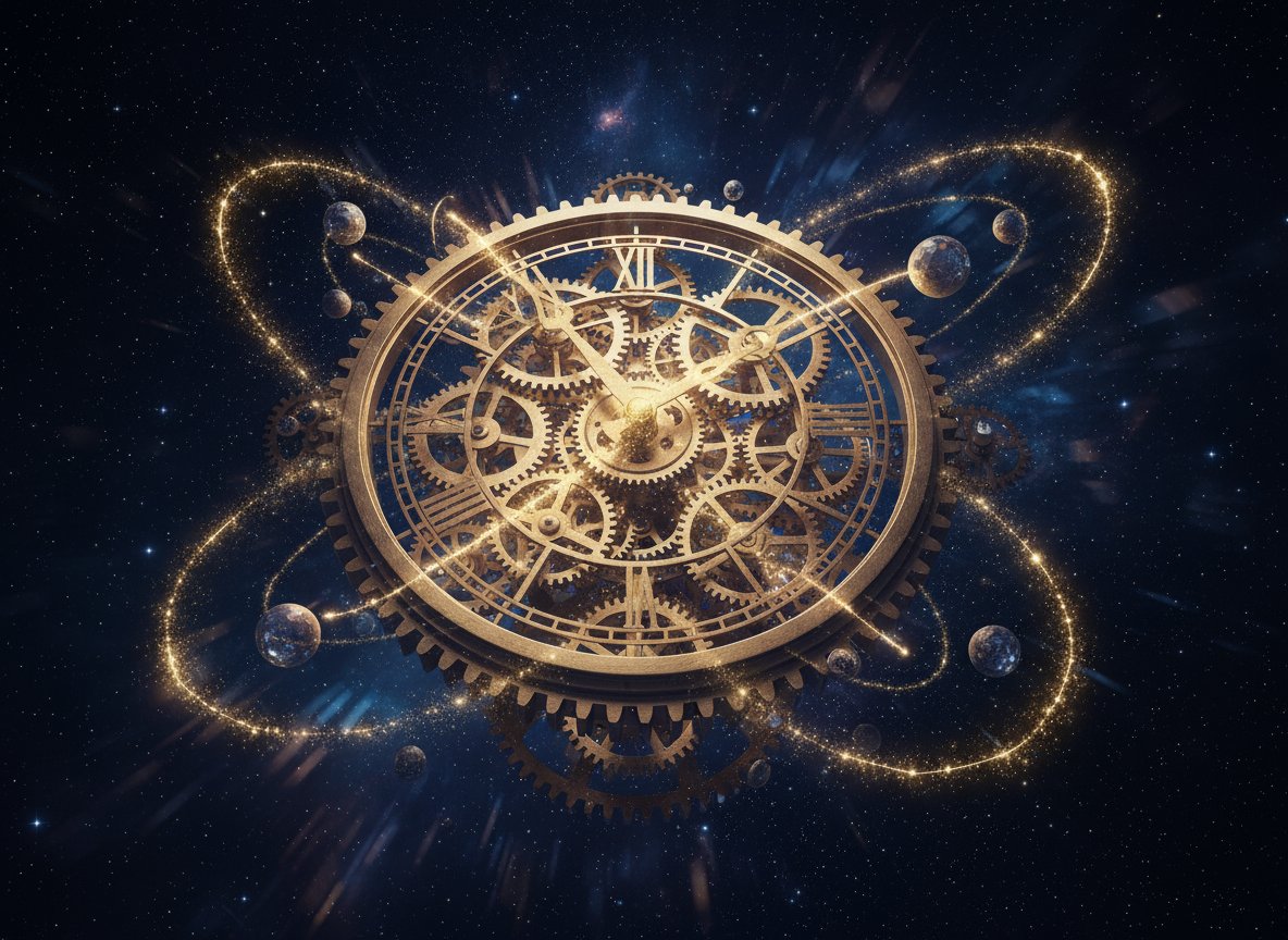 PromptSin's tweet image. Time and space intertwine in this cosmic clock 🌌✨ Explore the universe's mysteries! #SpaceTime #CosmicWonder