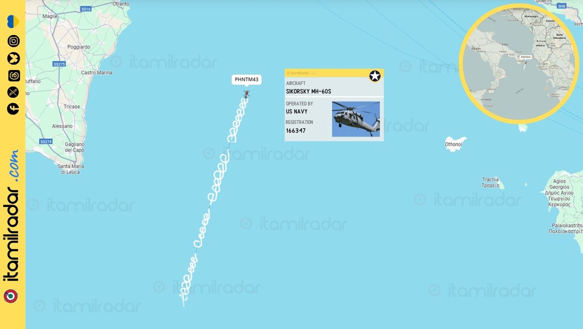 An interesting flight track of a US Navy Sikorsky MH-60S (reg. 166347) was recorded last night at very low altitude (150 ft) over the southern Adriatic between Apulia and the island of Corfu.