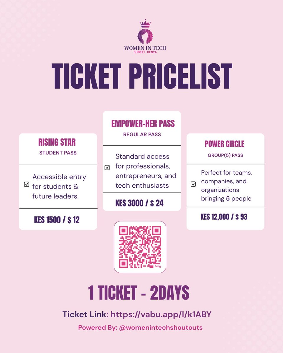 🎟️💜 Tickets Are Now Live🎟️💜 
Join us at the Women in Tech Summit Kenya 2025 🚀 

🎟️ Rising Star Pass (Student Ticket) – KES 1,500 
🎟️ Change Maker Pass (Regular Ticket) – KES 3,000 
🎟️ Power Circle Pass (Group of 5) – KES 12,500 (Save KES 2,500!)
vabu.app/women-in-tech-…
#Kenya