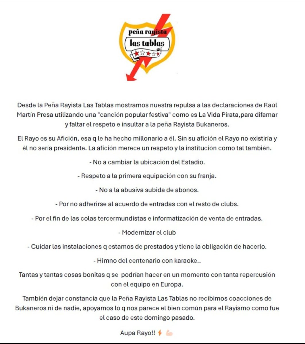 Comunicado de la Peña Las Tablas. #Rayovallecano