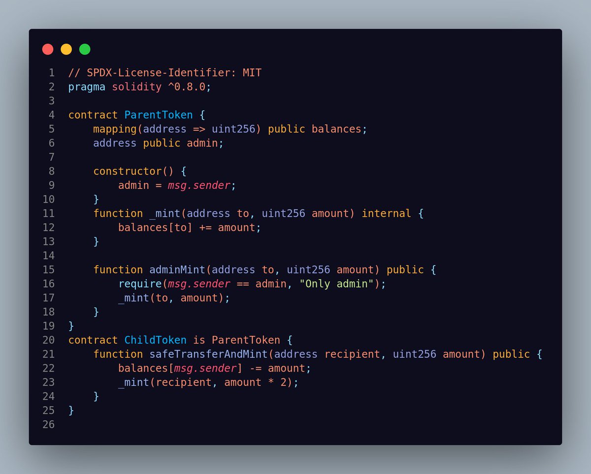 0xMehediSec's tweet photo. Can you break it?

#FindTheBug #Solidity #SmartContract https://t.co/hD4NpzGFjk