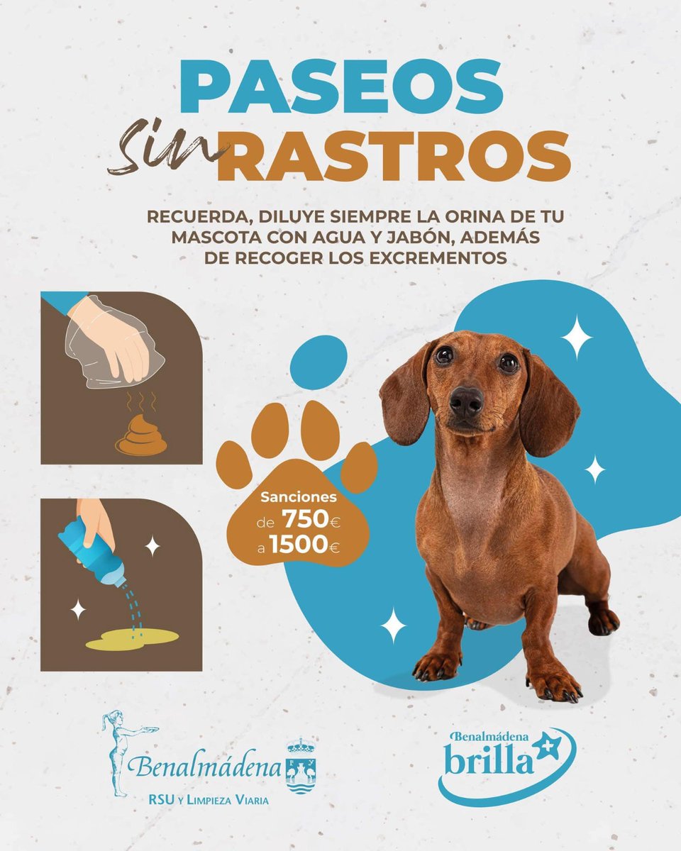 🐾 Pasear a tu mascota también implica cuidar de tu ciudad.
Recoge siempre los excrementos y diluye la orina con agua y jabón.✨👉 Así evitarás sanciones.
#BenalmádenaBrillaMás