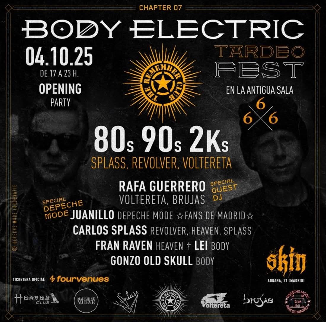 Sábado 4 de octubre de 2025
SALA SKIN (antiguo 666)
C/ Aduana, 21 (Madrid)
Horario: 17:00 h. a 23:00 h.
★ ESPECIAL 80s, 90s, 2ks ★
Durante mi parte de la sesión pincharé exclusivamente temas de Depeche Mode, desde sus comienzos hasta ahora.