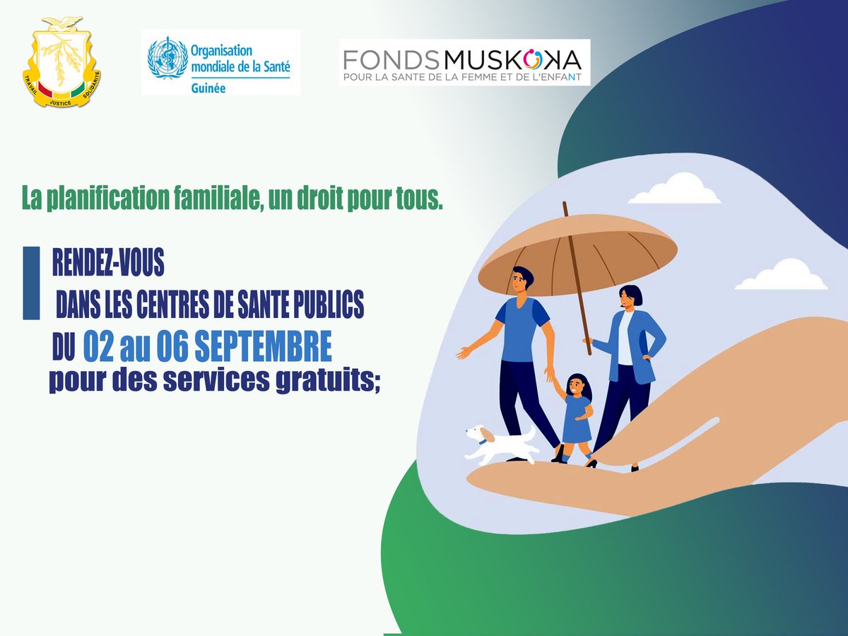 YOU FONDATION GUINÉE (@youfgn) on Twitter photo Du 02 au 06 septembre, rendez-vous dans les centres de santé publics pour des services gratuits de planification familiale.
Un choix pour la santé, un pas vers l’avenir. #CampagnePF2025 Du 02 au 06 septembre, rendez-vous dans les centres de santé publics pour des services gratuits de planification familiale.
Un choix pour la santé, un pas vers l’avenir. #CampagnePF2025