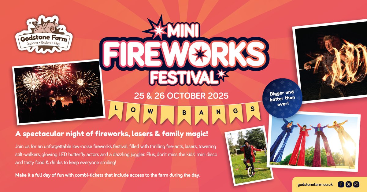 Brand new for 2025 - Godstone Farm Mini Fireworks Festival! 
Unforgettable and amazing - stilt walkers, a laser show, fire acts and a dazzling juggler. With farm entry from 4.30pm - it's going to be incredible!!
Early Bird tickets available now tickets.godstonefarm.co.uk/#category_9