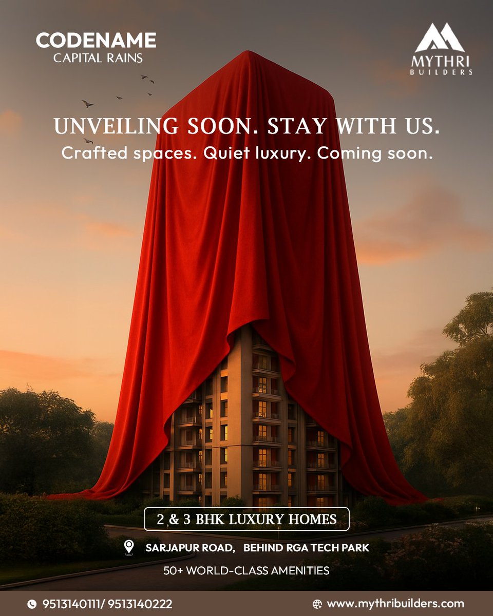 mythribuilder98's tweet photo. 🌟 Something Extraordinary is Coming! 🌟

Get ready to experience quiet luxury and crafted living spaces at Codename Capital Rains by Mythri Builders.
Unveiling soon Stay with us for more updates
📞 9513140111 | 9513140222
🌐 https://t.co/kowAP4MbBp

#MythriBuilders #LuxuryLiving https://t.co/E33rDPpFWn