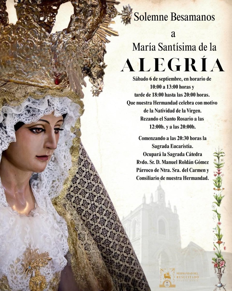 🗓 La Cofradía del Resucitado celebra Devoto Besamanos y Solemne Función a Ntra. Sra. de la Alegría este fin de semana. 

“Cofradía es todo el año”⁣
⁣
#mananta #mananta25 #semanasantapg #pasionyfe #culturaytradicion #manantalahistoriacobravida #sientelamananta #cofradiaspg