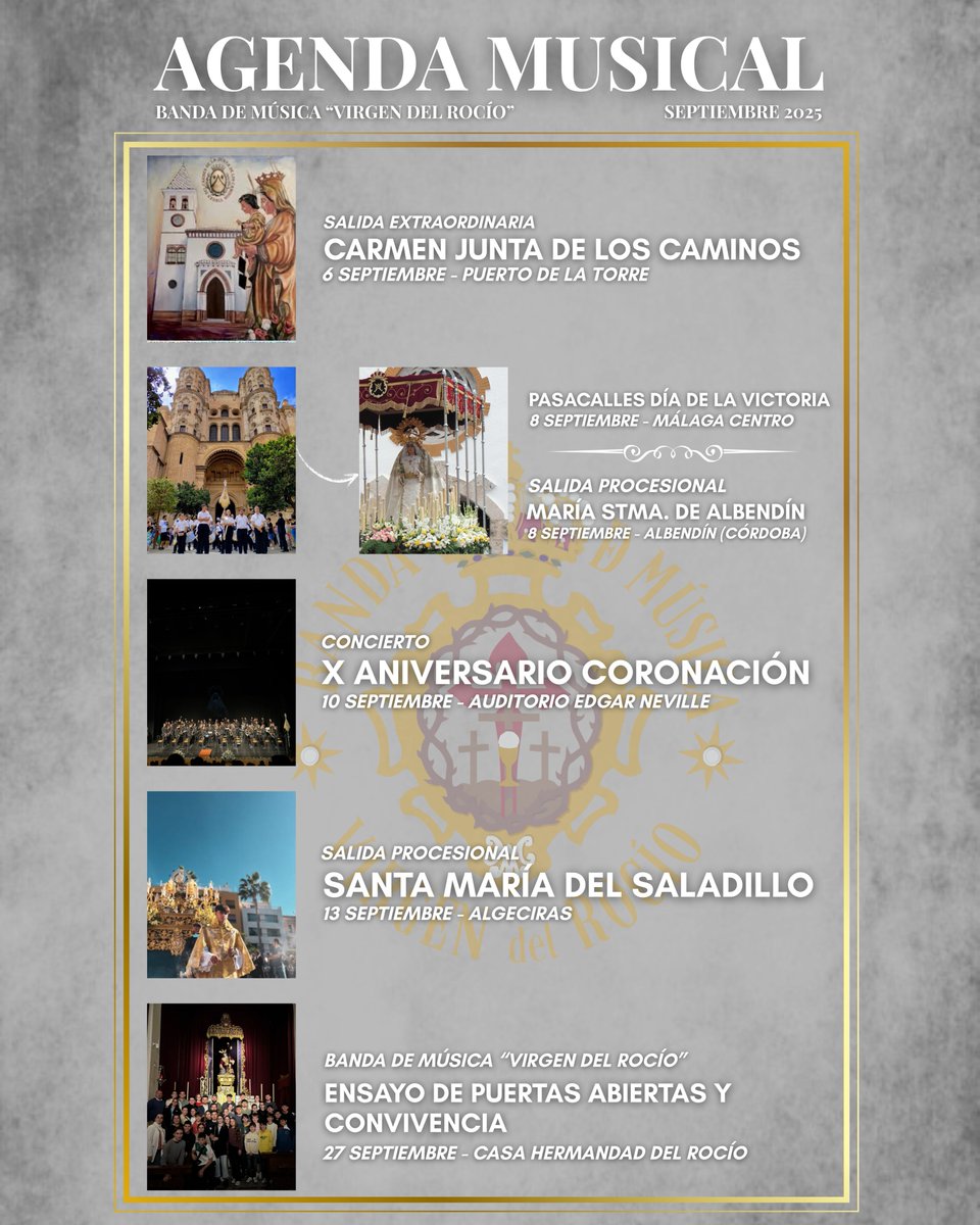 | 𝗔𝗚𝗘𝗡𝗗𝗔 𝗦𝗘𝗣𝗧𝗜𝗘𝗠𝗕𝗥𝗘 𝟮𝟬𝟮𝟱 🎶 |

Comienza una nueva temporada llena de nuevos desafíos y sobre todo de música para nuestra formación.

Afrontamos este mes de septiembre con gran ilusión y ganas.

¿NOS ACOMPAÑAS? ✨🤍

#SuenaelRocío #CofradíasMLG