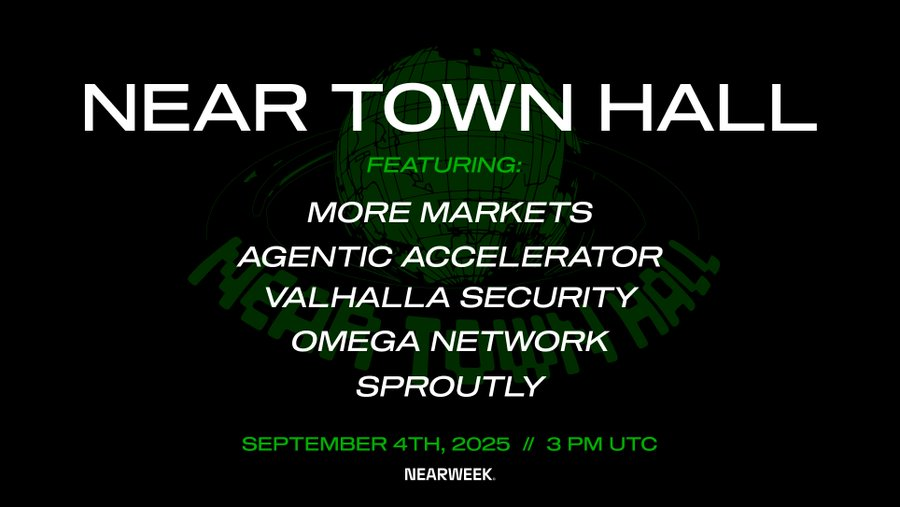Live in 2 days: NEAR Town Hall September! 🔥

Featuring: <a href="/ilblackdragon/">Illia (root.near) (🇺🇦, ⋈)</a>, <a href="/moremarketsxyz/">MoreMarkets</a>, <a href="/sproutlyrwa/">Sproutly</a>, <a href="/ValhallaSec/">Valhalla Security</a> and Omega Network.

Streaming live on X and YouTube via <a href="/NEARProtocol/">NEAR Protocol</a>.

The future is NEAR. Lock in! ↯