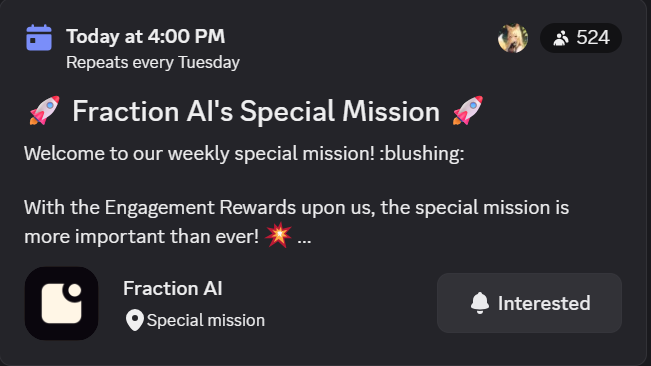 MillyMetre (@milly_metre) on Twitter photo Yayyy!!
Its Tuesday!
Its SPECIAL MISSION day .
Venue = <a href="/FractionAI_xyz/">Fraction AI</a> discord server.
Time = 4:00pm
A big announcement is coming today , don't miss it .
See you there ! Yayyy!!
Its Tuesday!
Its SPECIAL MISSION day .
Venue = <a href="/FractionAI_xyz/">Fraction AI</a> discord server.
Time = 4:00pm
A big announcement is coming today , don't miss it .
See you there !