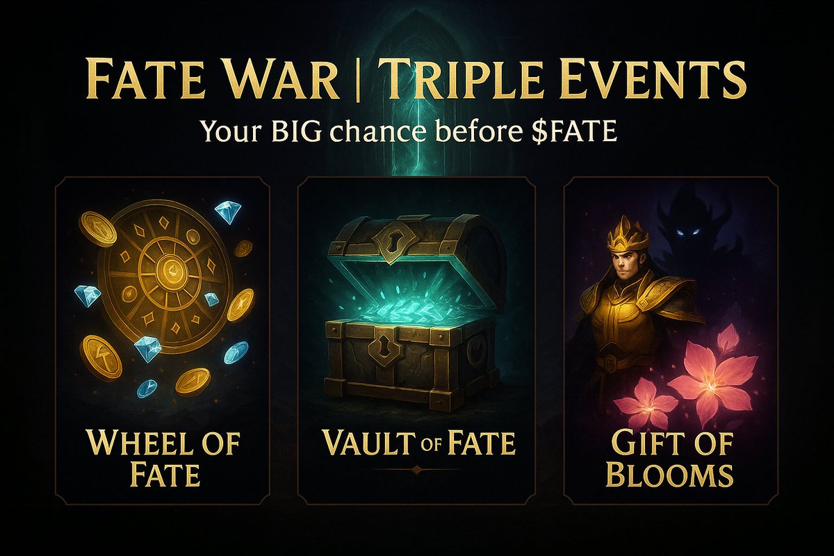 ⚔️ The Eve of TGE, 3 epic events arrive!

🎡 Wheel of Fate — spin daily, Kaia awaits
💎 Vault of Fate — unlock extra Kaia with friends
🌸 Gift of Blooms — limited skins &amp; spirits

👉 Full details:
medium.com/@fatewar_offic…

All in this week!

Don’t miss your last big chance before