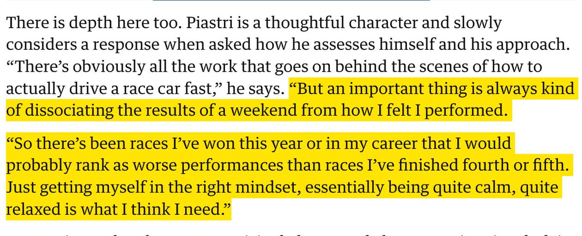 💬Oscar: “there’s been races I’ve won this year or in my career that I would probably rank as worse performances than races I’ve finished fourth or fifth. Just getting myself in the right mindset, essentially being quite calm, quite relaxed is what I think I need.”