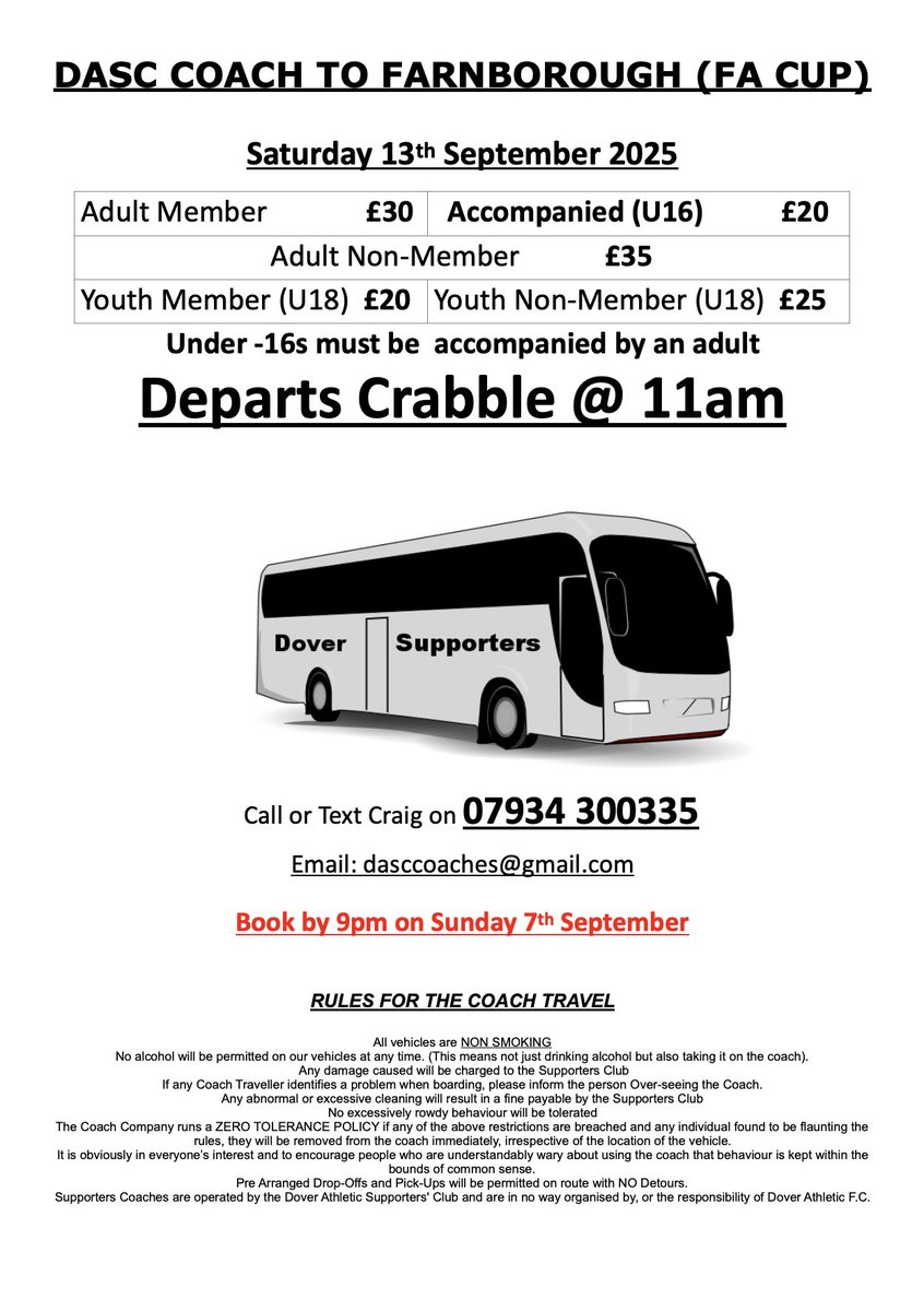 Please see details of our FA CUP Away trip to FARNBOROUGH - Saturday 13th September 2025.

Please book Early so we can book the Correct sized Coach for our needs.

Booking deadline - 9pm on the 7th September