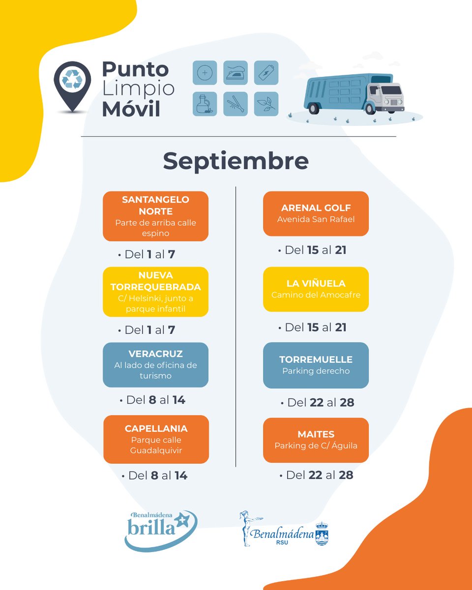 ¿Tienes en casa objetos que no sabes dónde tirar? 
Este mes de septiembre el Punto Limpio Móvil pasará por distintos lugares de Benalmádena para facilitarte el reciclaje.
Consulta las fechas y deposita tus residuos en el lugar adecuado.