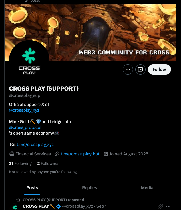 CROSS PLAY (@crossplay_xyz) on Twitter photo 🚨 FAKE SCAM PAGE ALERT 🚨
FAKE X page: <a href="/crossplay_sup/">CROSS PLAY (SUPPORT)</a>
SCAM TG page: t.me/crossprotocolTG
Miners - We are maybe doing too well haha. We've been getting reports about FAKE & SCAM pages.
Be careful and don't fall for these! Please check our official pages to check the links 🚨 FAKE SCAM PAGE ALERT 🚨
FAKE X page: <a href="/crossplay_sup/">CROSS PLAY (SUPPORT)</a>
SCAM TG page: t.me/crossprotocolTG
Miners - We are maybe doing too well haha. We've been getting reports about FAKE & SCAM pages.
Be careful and don't fall for these! Please check our official pages to check the links