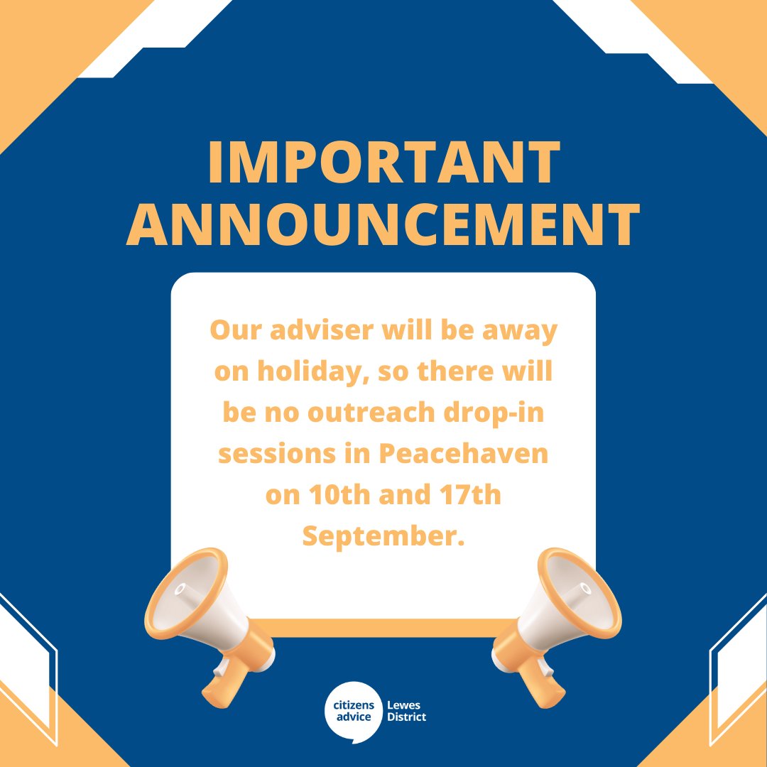 There’ll be no drop-in service on these dates - but we’re still here to help. <a href="/PeacehavenTown/">Peacehaven Town Council</a> 

📞 Call us on 0808 278 7892 (Option 4), 10am-3pm, Tuesday-Thursday

🌐 Or visit our website lewesdistrictca.org.uk

#citizensadvice