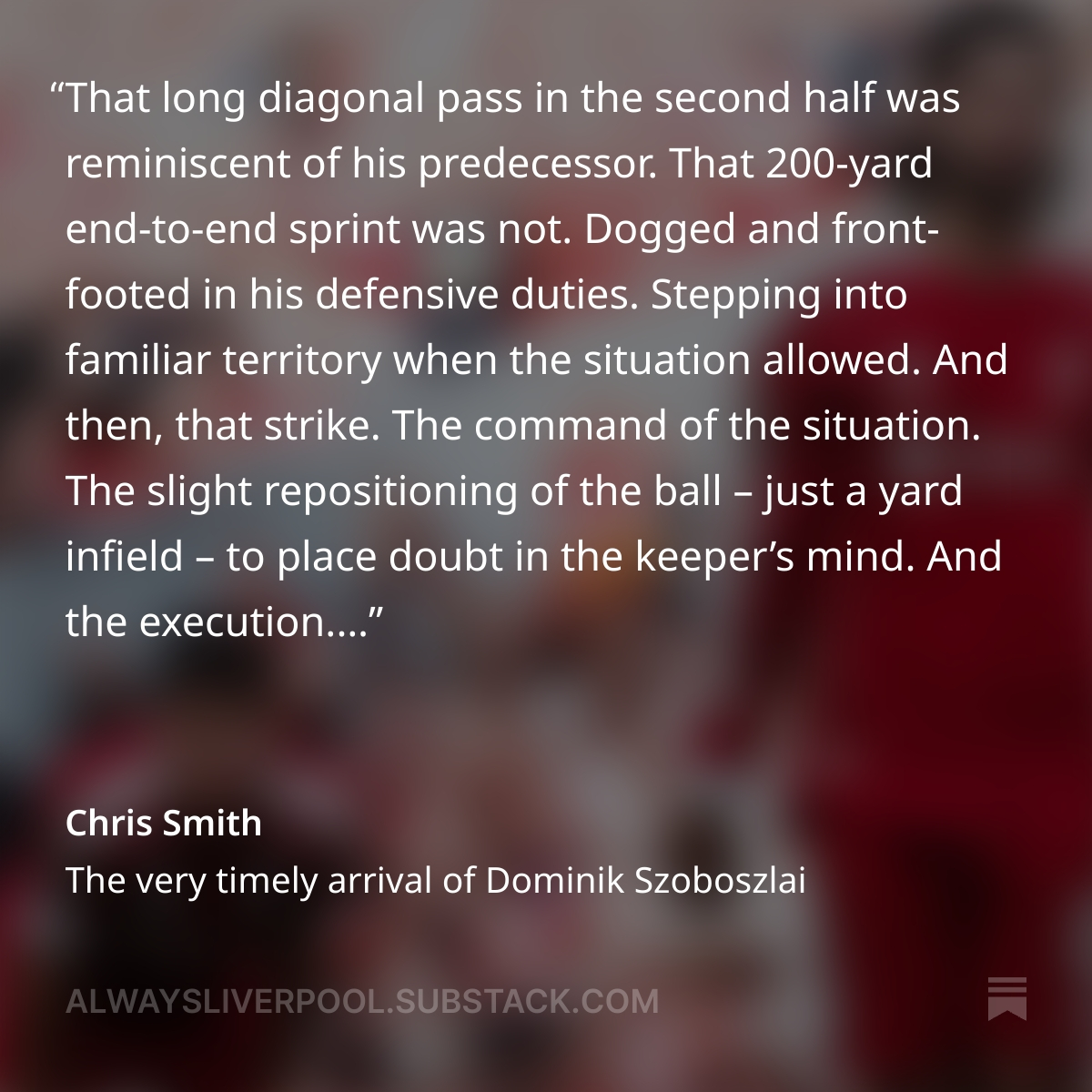 ICYMI | The very timely arrival of Dominik Szoboszlai. We're very close to a nice little subscriber landmark, so whether it's free or paid, I'd love to get over that landmark today!

alwaysliverpool.substack.com/p/the-very-tim…