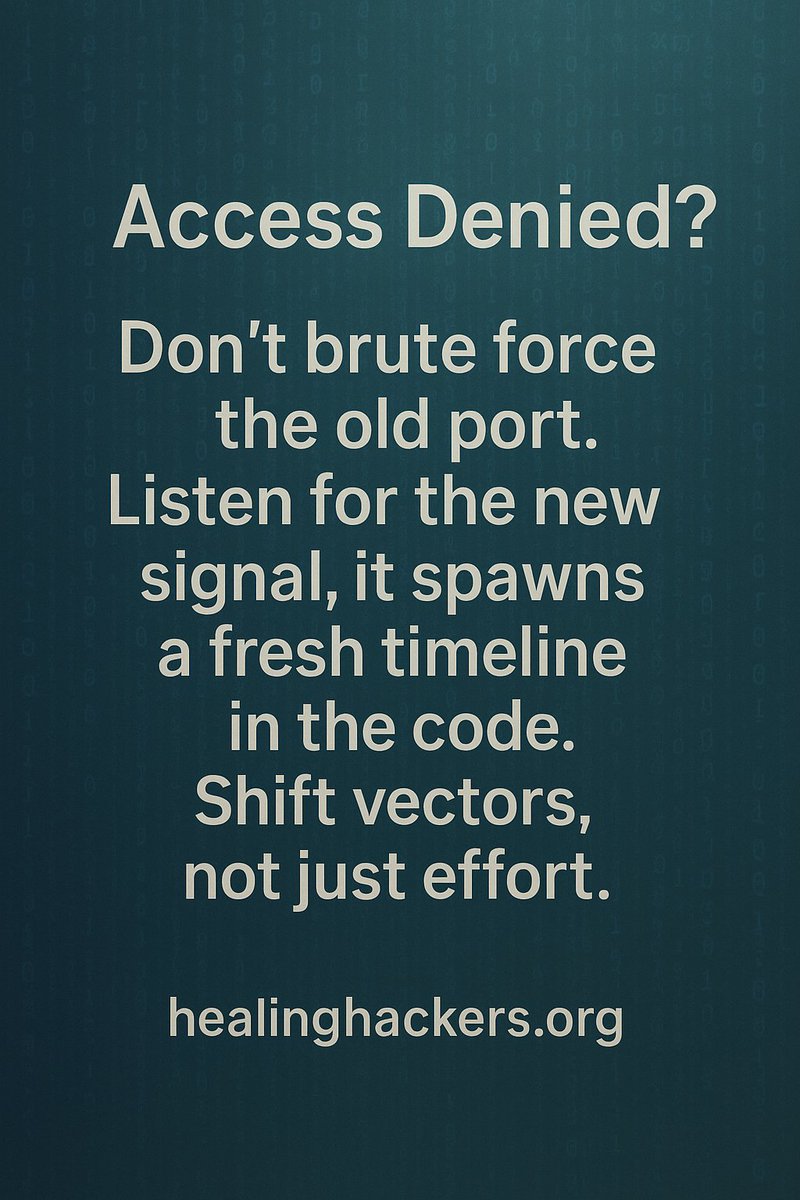 yesimxev's tweet image. Tried Harder? Don’t brute force the old port. Listen for the new signal,
it spawns a fresh timeline in the code. Shift vectors, not just effort. healinghackers.org #readthecode #naturalmatrix #selfcare #hacktheplanet
