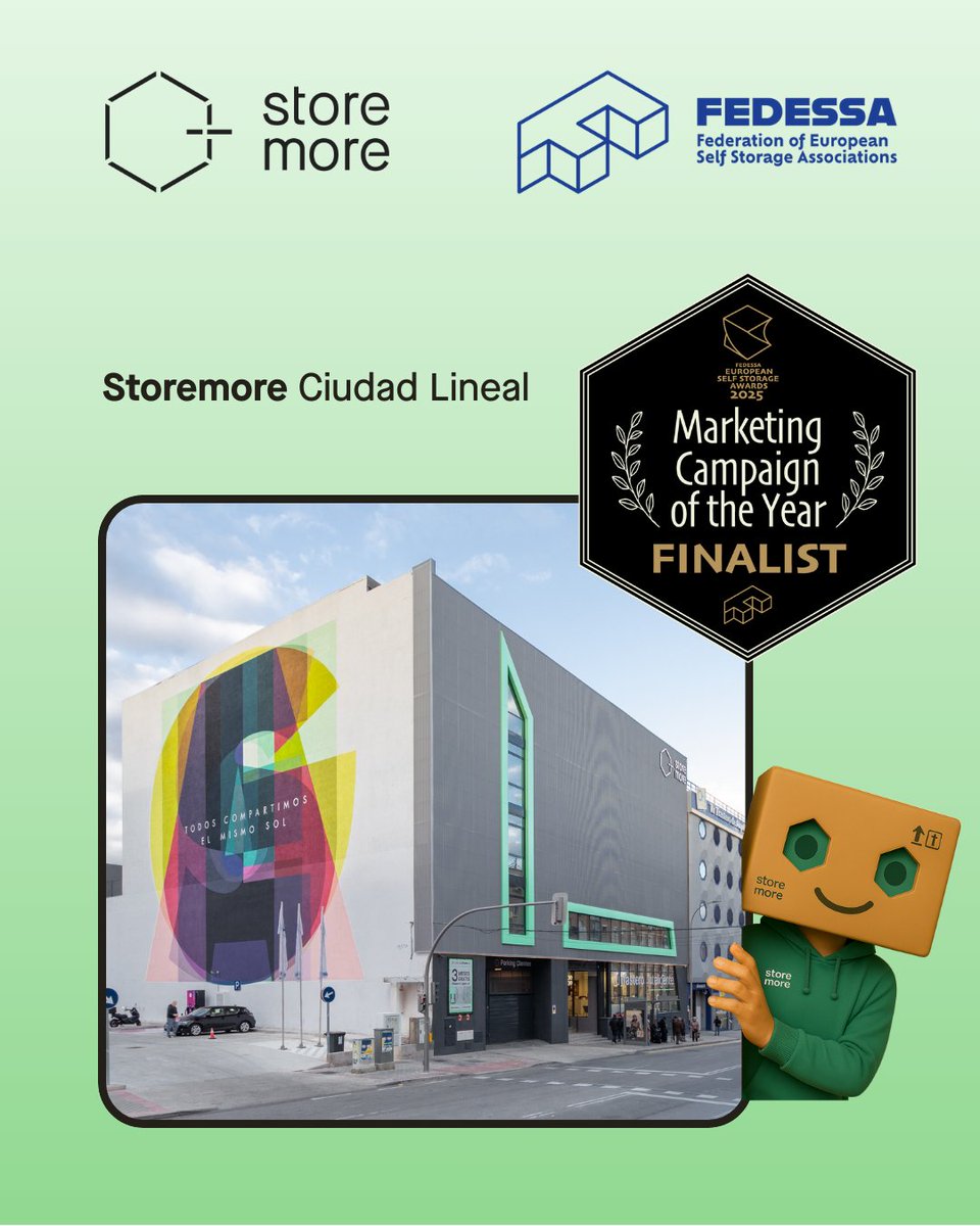 StoremoreES's tweet image. Estamos muy orgullosos 🙌 de ser finalistas en los #FEDESSAAwards 2025 en dos categorías:
🏆 Multi-Site Operator of the Year
✨ Marketing Campaign of the Year
Innovación, cercanía y sostenibilidad para marcar un nuevo estándar en self storage
#Storemore #TuTrasteroInteligente