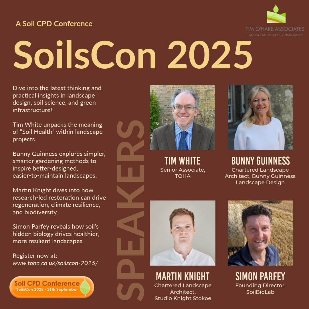 🍃Look forward to insights on soil health, regenerative design, smarter landscape strategies, and the hidden power of soil biology for resilient, biodiverse spaces from some of our speakers at SoilsCon 2025!

Register: toha.co.uk/soilscon-2025/

#SustainableLandscapes
