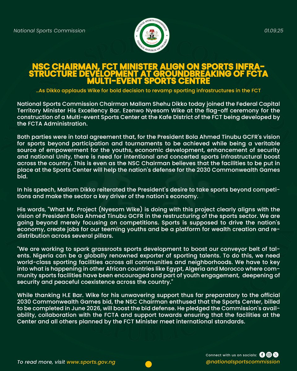 National Sports Commission (@natsportscomm) on Twitter photo ποΈ πππππ πππππΌππ
The National Sports Commission Chairman, Shehu Dikko, today (1st September, 2025) joined the Honourable Minister of the Federal Capital Territory, H.E. Nyesom Wike, at the groundbreaking of the Multi-Event Sports Centre in Kafe District, Abuja.
The ποΈ πππππ πππππΌππ
The National Sports Commission Chairman, Shehu Dikko, today (1st September, 2025) joined the Honourable Minister of the Federal Capital Territory, H.E. Nyesom Wike, at the groundbreaking of the Multi-Event Sports Centre in Kafe District, Abuja.
The