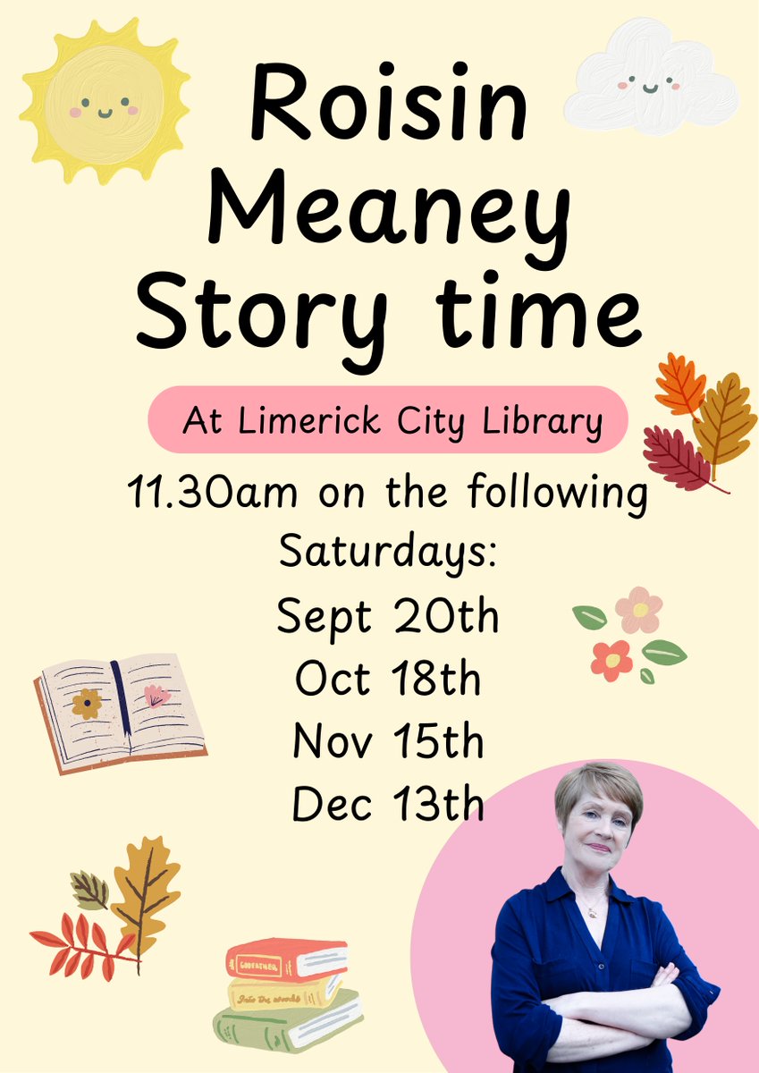 limklibraries's tweet image. We are really looking forward to welcoming Roisin Meaney back for her monthly storytime 📚
Join us upstairs in #CityLibrary @ 11.30am on Saturday 20th September for stories, rhymes & song 🤗
📍 V94RF63
#LimerickLibraries #storytime #RoisinMeaney #familyfun #libraryfun