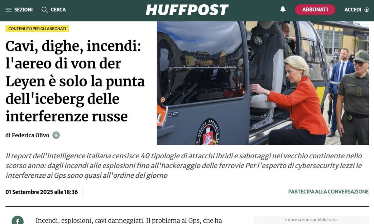 GPS sotto attacco.

Spoofing, jamming, flotte paralizzate: lo spazio è già campo di battaglia.  
L’episodio dell’aereo di von der Leyen lo conferma.  

Grazie a <a href="/HuffPostItalia/">L'HuffPost</a> e Federica Olivo per l’approfondimento.  

#cyberseucrity #hybridwarfare
