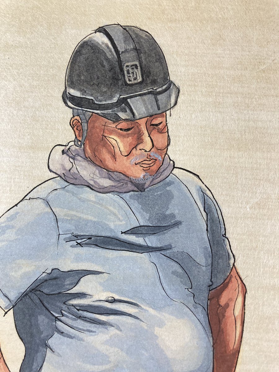 千日前のいぶし銀。
まずはこのサイズ27×41cmで10点ぐらい完成させようと思ってる。
頭のてっぺんから爪先までが男なので(男でなくとも)、リスペクトを込めてできるだけちゃんと全身を描くようにしている。